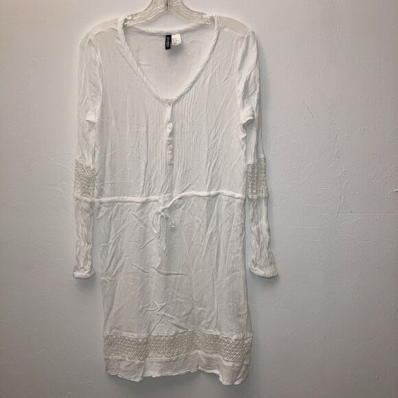 H&M DIVIDED sz S White Flowy Crinkle Tunic Top Swim Cover Dress Drawstring Waist - Picture 2 of 4